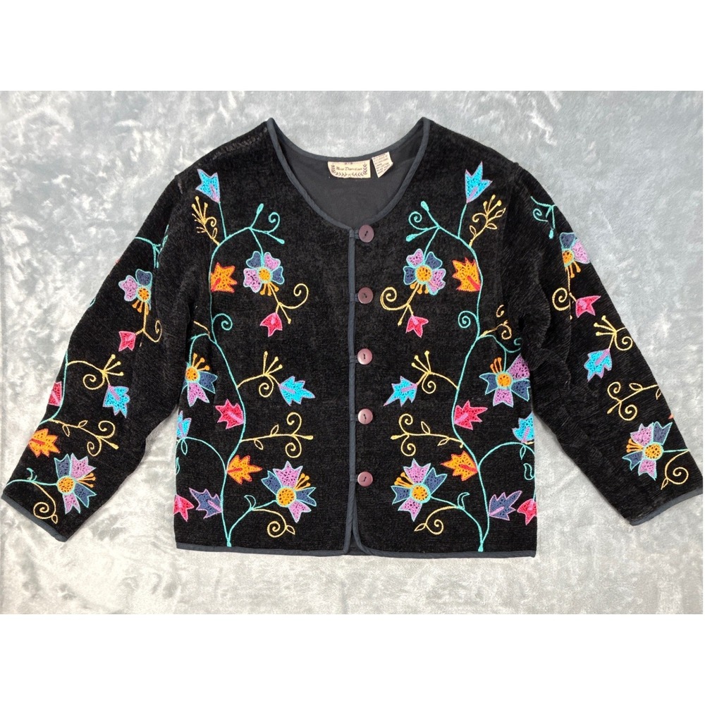 New Direction Jacket Womens Sm Black Chenille Colorful Floral Embroidered Blazer